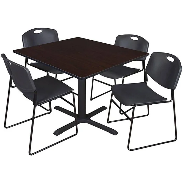 Cain 48x22 Square Breakroom Table- Mocha Walnut & 4 Zeng Stack Chairs- Black - Regency - TB4848MW44BK