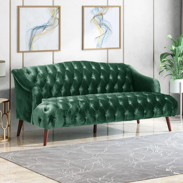 Best Selling Home Decor Adelia Modern Glam Tufted Velvet 3 Seater Sofa - Wine and Walnut Polyester in Red, 310391