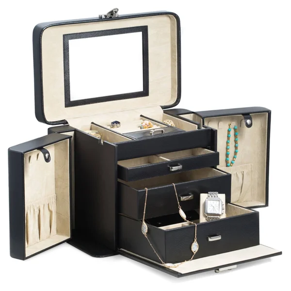 Black Lizard Textured Leather 4-Level Jewelry Case, 12.5 inches x 7.5 inches x 9.5 inches