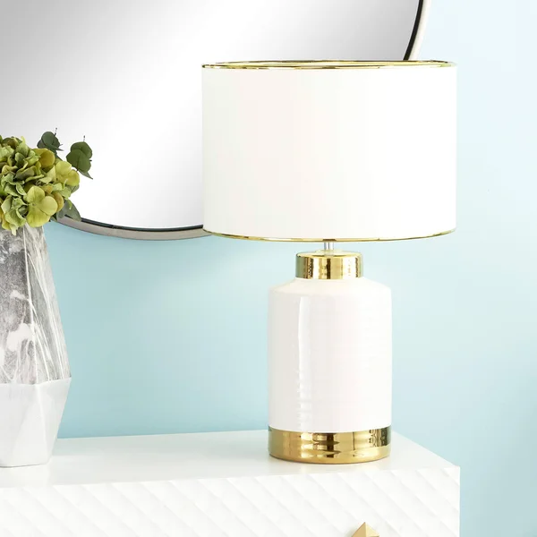 CosmoLiving by Cosmopolitan Large Contemporary Style Round White Gold Ceramic Table Lamp with White Drum Shade