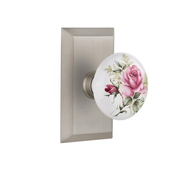 Nostalgic Warehouse 717824 Studio Plate Privacy White Rose Porcelain Door Knob - Satin Nickel