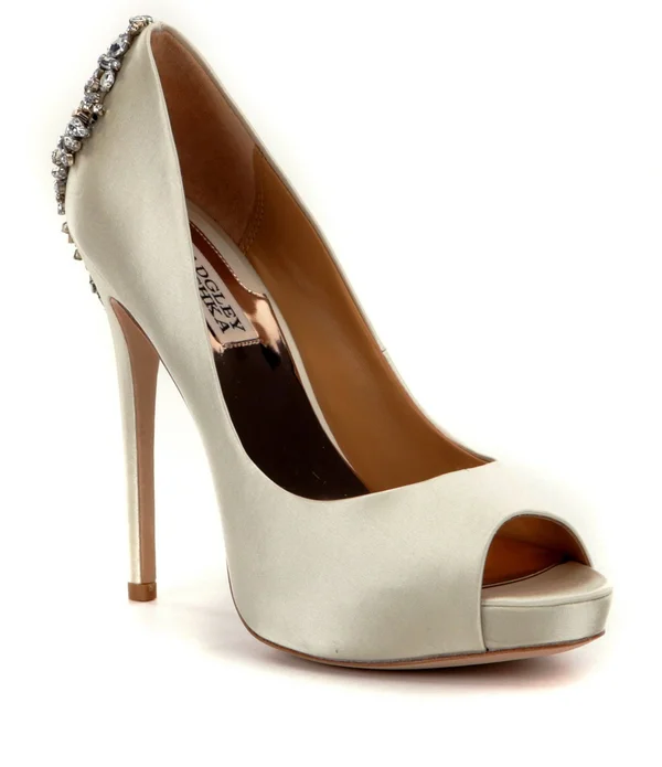 Badgley Mischka Kiara Embellished Peep-Toe Evening Pumps - Ivory Satin