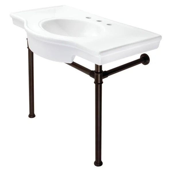 Kingston Brass Imperial Console 37 in. Console Table in Vitreous China with Metal Legs in Oil Rubbed Bronze - White/Oil Rubbed Br