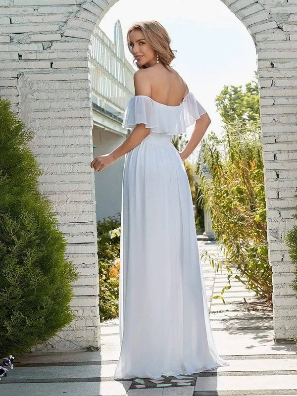 Ever-pretty White Ruffle Off Shoulder High Split Elopement Dress for Beach Wedding Adult Female Polyester