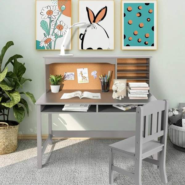 Children’s Learning Desk and Chair Set –Kids' Wooden Study Computer Workstation with Hutch and Storage (Grey)