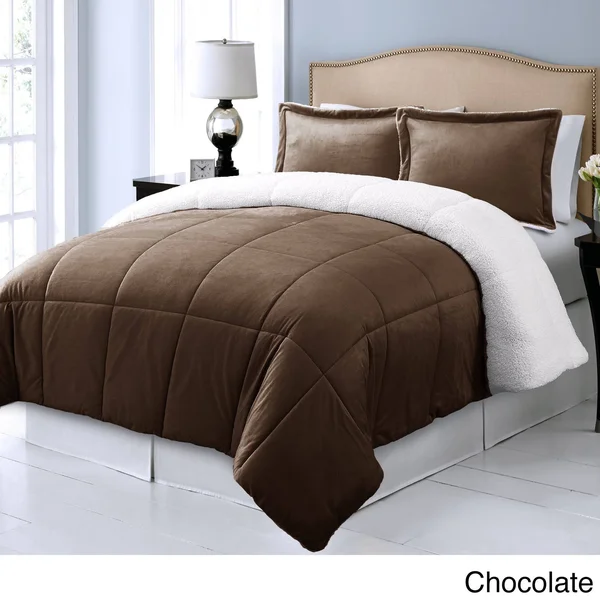 Blue Ridge Home Fashions Microplush Reversible to Micromink Down Alternative 3-Piece Comforter Set Khaki Queen, Brown