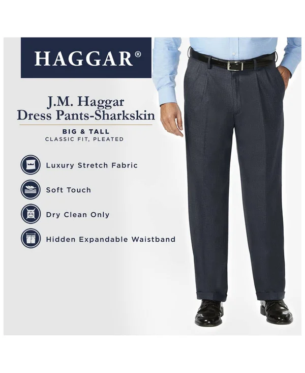 J.M. Haggar Big & Tall Classic Fit Stretch Sharkskin Pleated Dress Pants - Dark Heather Grey