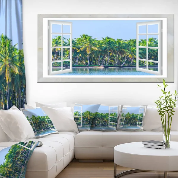 Design Art Open Window to Seashore Palms Graphic Art on Wrapped Canvas - Blue