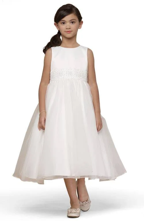 US Angels White Flower Girl Beaded Sash Organza Dress- Girls 4-6X