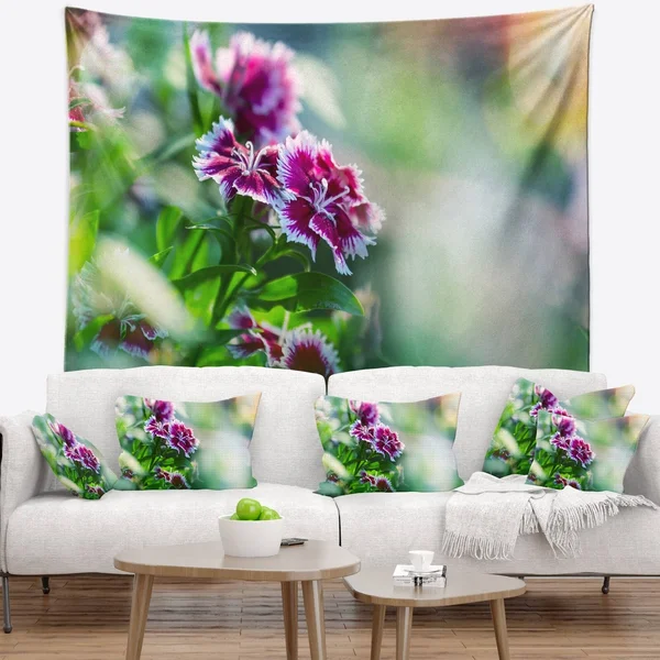 Designart 'Pink Flowers on Green Background' Floral Wall Tapestry - 92 in. x 78 in.