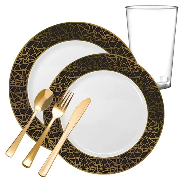 20 Settings - White with Black and Gold Mosaic Rim Round Plastic Wedding Value Set