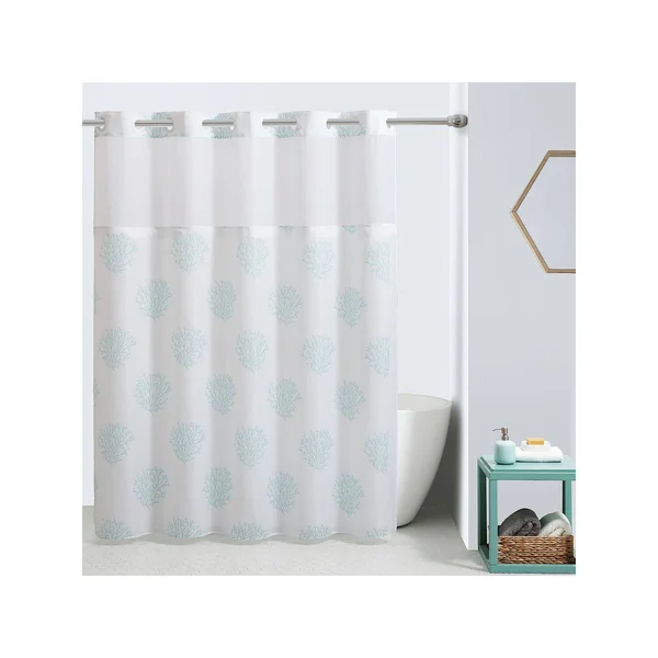 Hookless Ocean Coral Shower Curtain and Liner, Green, 74X71