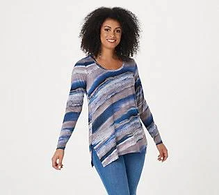 Belle by Kim Gravel Watercolor Stripe Long-Sleeve Knit Top, Size 3X, Indigo/Grey