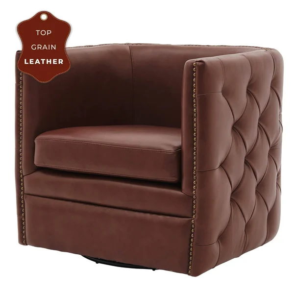 Leslie Top Grain Leather Swivel Tufted Chair, Garrett Brown