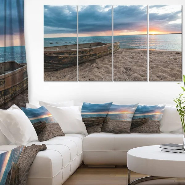 Design Art Rusty Row Boat on Sand at Sunset 5 Piece Photographic Print on Wrapped Canvas Set - Brown
