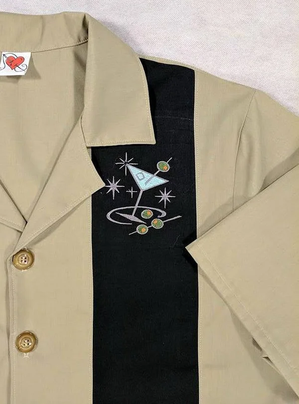Mens Bowling Shirt - Cocktail, Martini, Lounge Lizard, Retro, Rockabilly, Embroidered