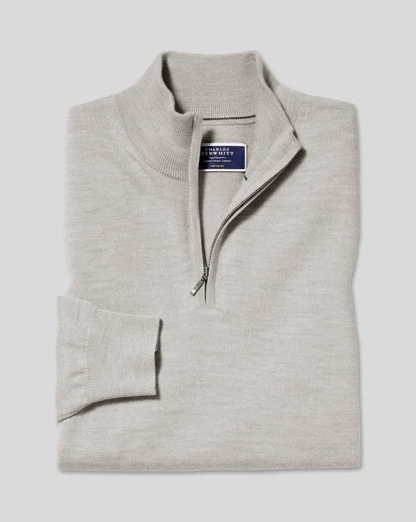 Merino Zip Neck Wool Sweater - Silver