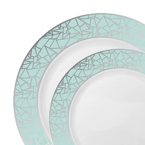 120 Dinner Plates + 120 Salad Plates - Turquoise with Silver Mosaic Rim Combo Plastic Dinnerware Value Set