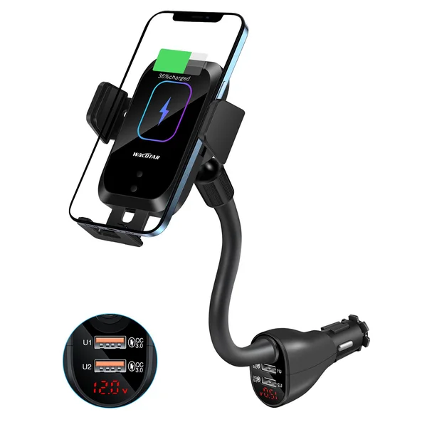 Car Cigarette Lighter Wireless Charger Mount- Automatic Clamping Phone Holder, Infrared Smart Sensor Dual USB QC3.0 Ports 10W 7.5