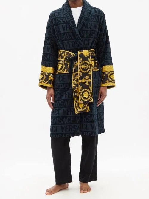 Versace - I Love Baroque Logo-jacquard Cotton Bathrobe - Mens - Navy