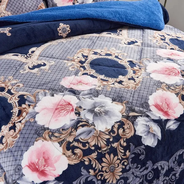3-Piece Floral Printed Pattern Sherpa-Backing Reversible Comforter Set (Red Stone - King)