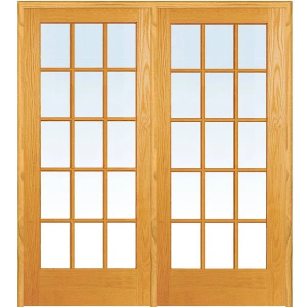 Verona Home Design 72 in. x 80 in. Right Hand Active Unfinished Pine Glass 15-Lite Clear True Divided Prehung Interior French Do