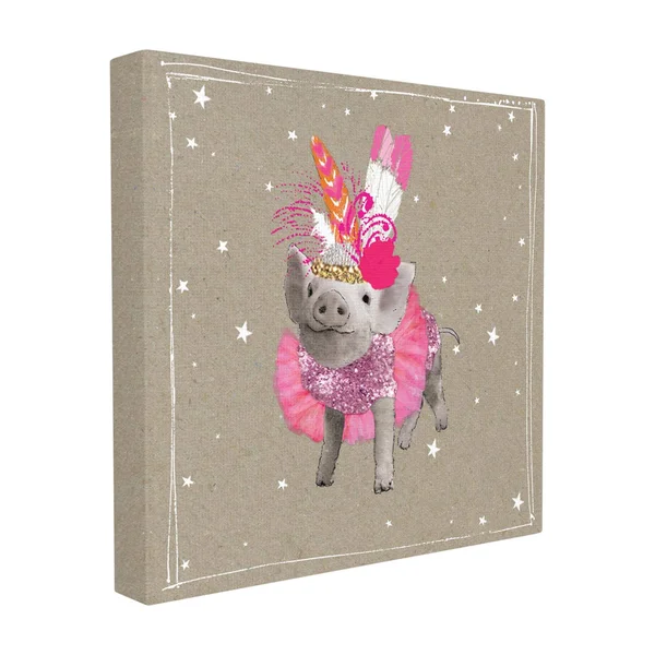 The Stupell Home Decor Collection Fancy Pants Piglet in Pink Tutu and Feathers XL Stretched Canvas Wall Art - 30 x 1.5 x 30, Size