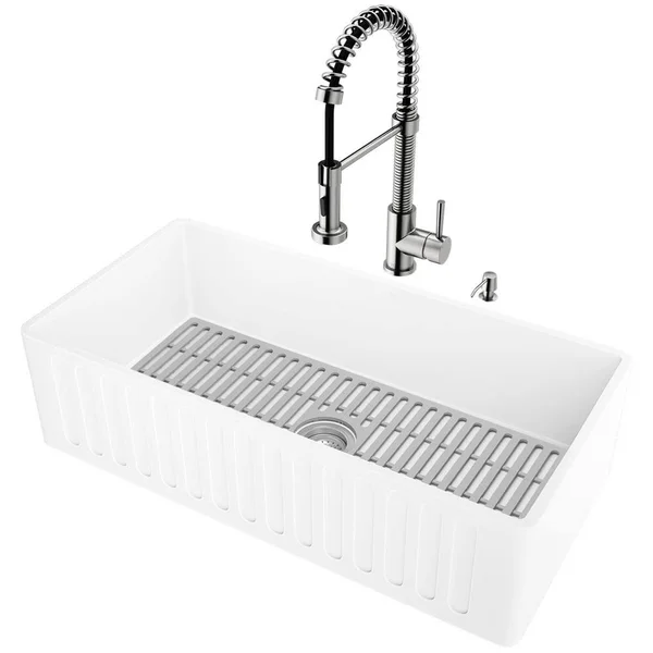 Vigo Matte Stone White Composite 36 in. Single Bowl Farmhouse Kitchen Sink with Faucet in Stainless Steel and Accessories - Matte