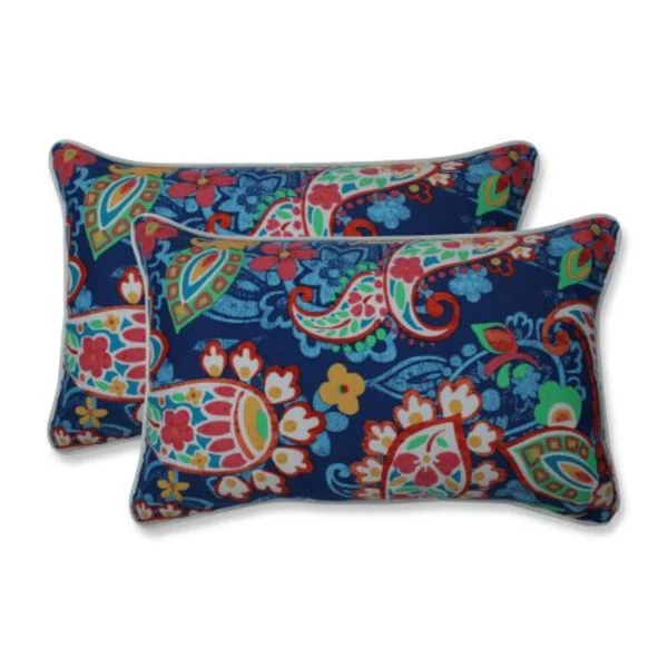Set of 2 Navy Blue and Red Paisley Outdoor Patio Rectangular Throw Pillows 18.5x22