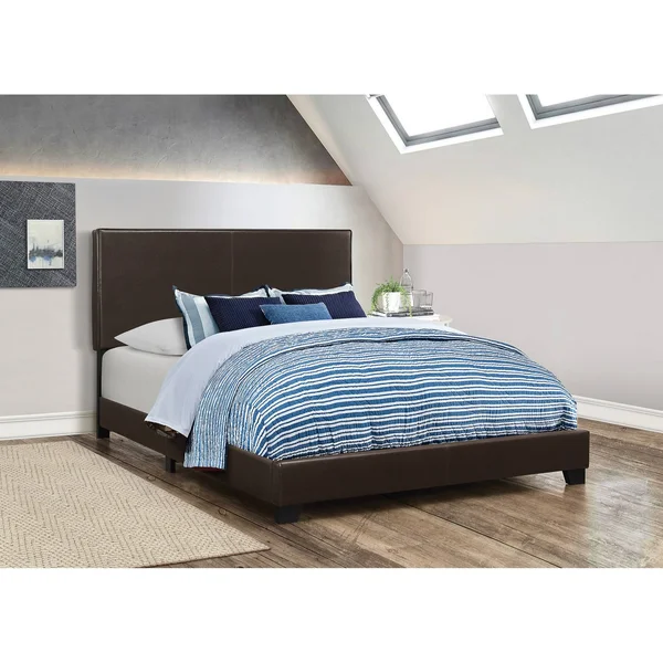 Benzara - Leather Upholstered Queen Size Platform Bed, Brown, 64.25in x 86.25in x 45.75in