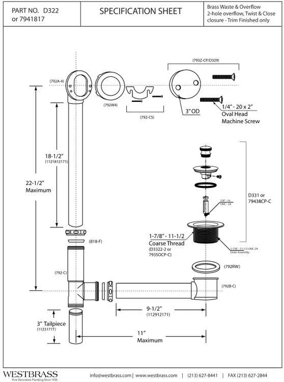Westbrass D322-50 22-1/2-Inch Brass Twist & Close Drain Bath Waste and Overflow - Powder Coat White