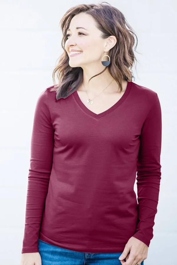 Womens Organic Cotton Long Sleeve V-Neck T-Shirt - Fair Indigo, Size Xs, Wine