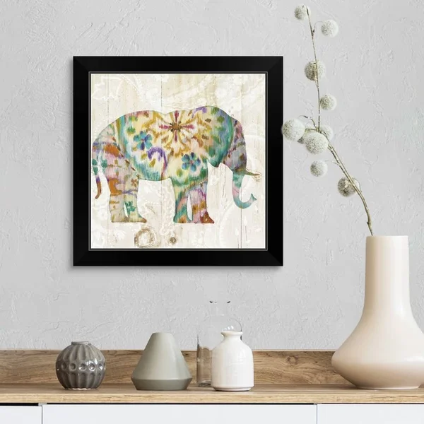 Boho Paisley Elephant I - Black Framed Wall Art, 16x16, Great Big Canvas