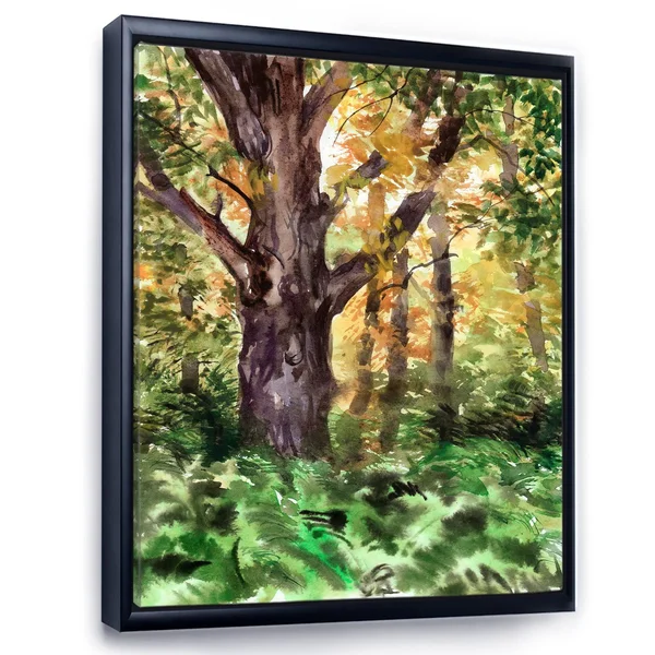 Designart 'Large Tree in Autumn Forest' Lake House Framed Canvas Wall Art Print - 12 in. Wide x 20 in. High - Black