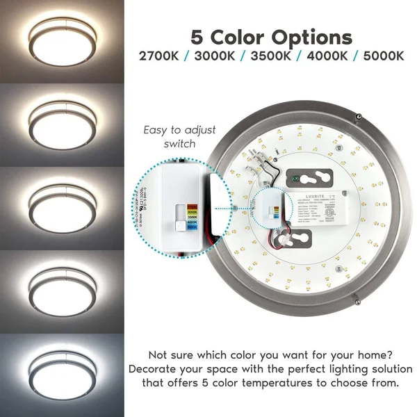 Luxrite 12 inch LED Flush Mount Ceiling Light, Color Temperature Selectable 2700K, 3000K, 3500K, 4000K, 5000K