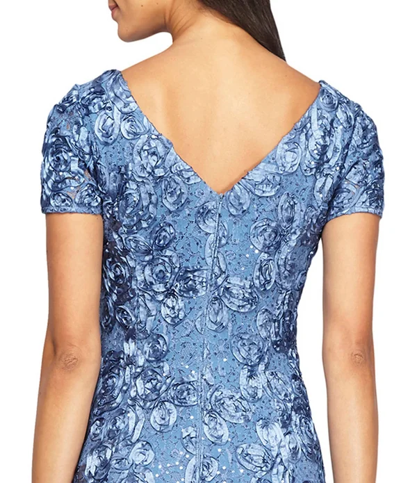 Alex Evenings Womens Petites Sequined Rosette Evening Dress Blue 16p