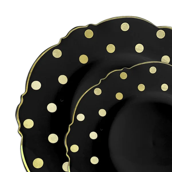 120 Dinner Plates + 120 Salad Plates - Black with Gold Dots Round Blossom Disposable Plastic Dinnerware Value Set