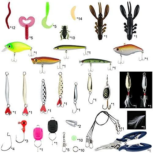 SKYSPER Fishing Lures Set with Tackle Box - Saltwater Freshwater Lures Including Spinners, Soft Plastic Worms, Crank Bait, Jigs