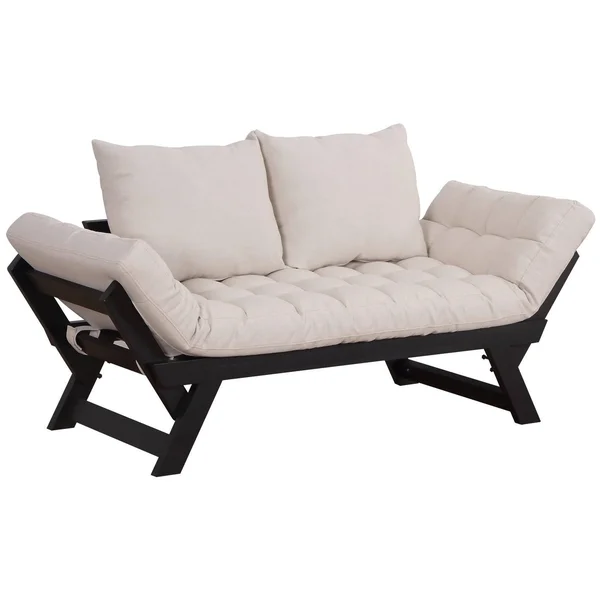HomCom Black, Cream White Single Person 3-Position Convertible Couch Chaise Lounger Sofa Bed
