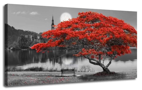 Arjun Canvas Wall Art Painting Red Tree Lake Moon Picture One Panel Extra Large size - Modern Panoramic Landscape Artwork Prints