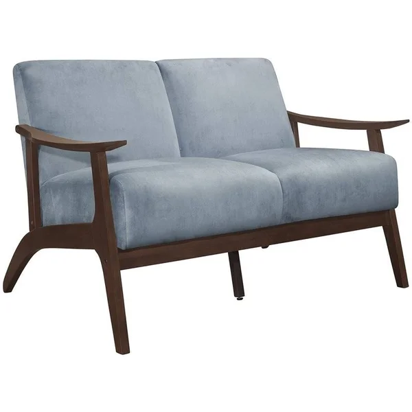 Pemberly Row Velvet Upholstered Loveseat in Blue Gray and Dark Walnut