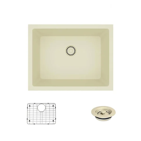 Rene R3-1004-ECR-ST-CGF Ecru Single Bowl Composite Granite Kitchen Sink with Grid and Matching Colored Flange