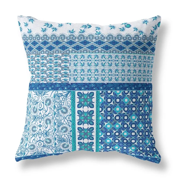 Flower Castle Patchwork Suede Closed Pillow w/ Insert in Blue & White 18x22x18x22