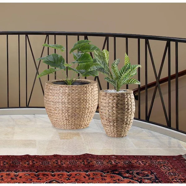 Vintiquewise Water Hyacinth Round Floor Planter with Metal Pot, Set of 2