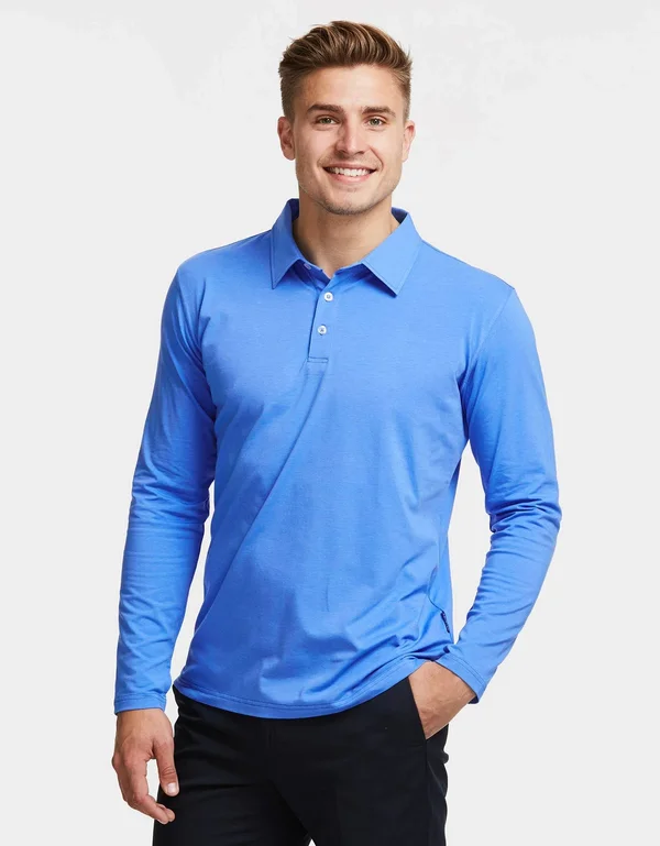 Sun Protective Long Sleeve Polo Shirt for Men UPF50+ - UV Protection Light Grey Marle