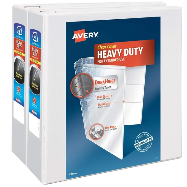 Avery Heavy-Duty Non Stick View Binder with DuraHinge and Slant Rings, 3 Rings, 4x22 Capacity, 11 x 8.5, White, 2/Pack