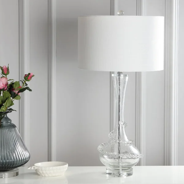 Jonathan Y Belle 31.5x22 Glass LED Table Lamp, Clear/Chrome