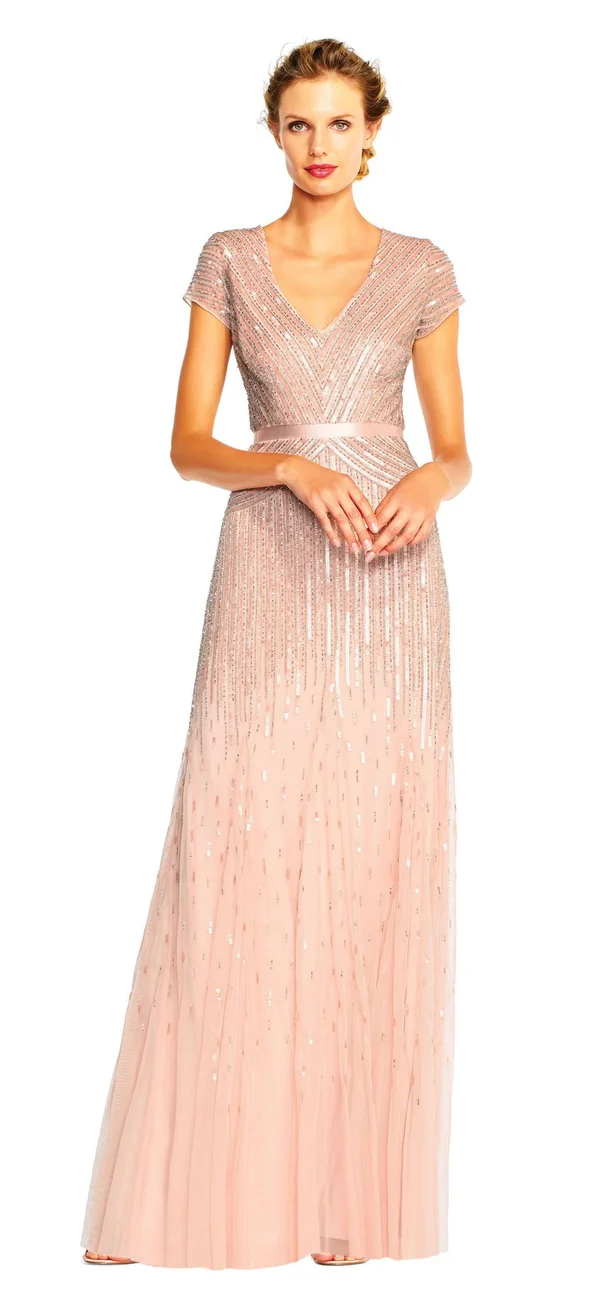 Adrianna Papell Beaded V-Neck Gown, Blush, Size: 18