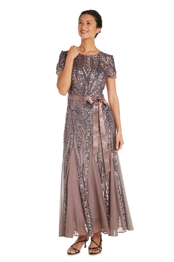 R & M Richards Sequin-Embellished Pleated Gown - Mocha