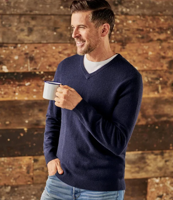 Lambswool V Neck Knitted Sweater Blue